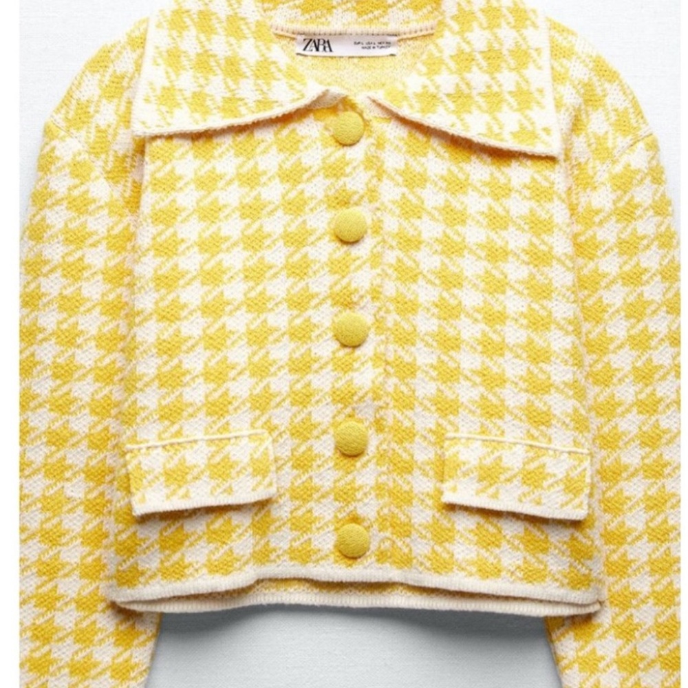 Zara Yellow and White Houndstooth Cropped Blazer